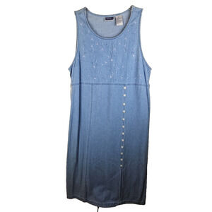 Erika & Co Denim Chambray Jumper L Blue Floral Buttons Midi Embroidered dress